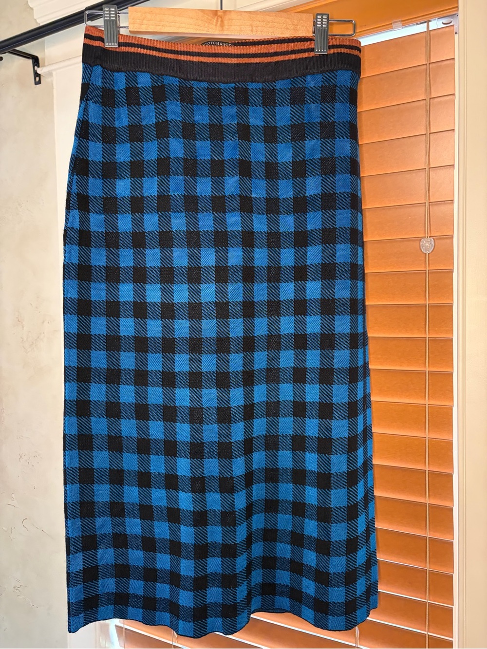 Scotch & Soda Blue and Black Gingham Midi Skirt with Brown/Black Waist